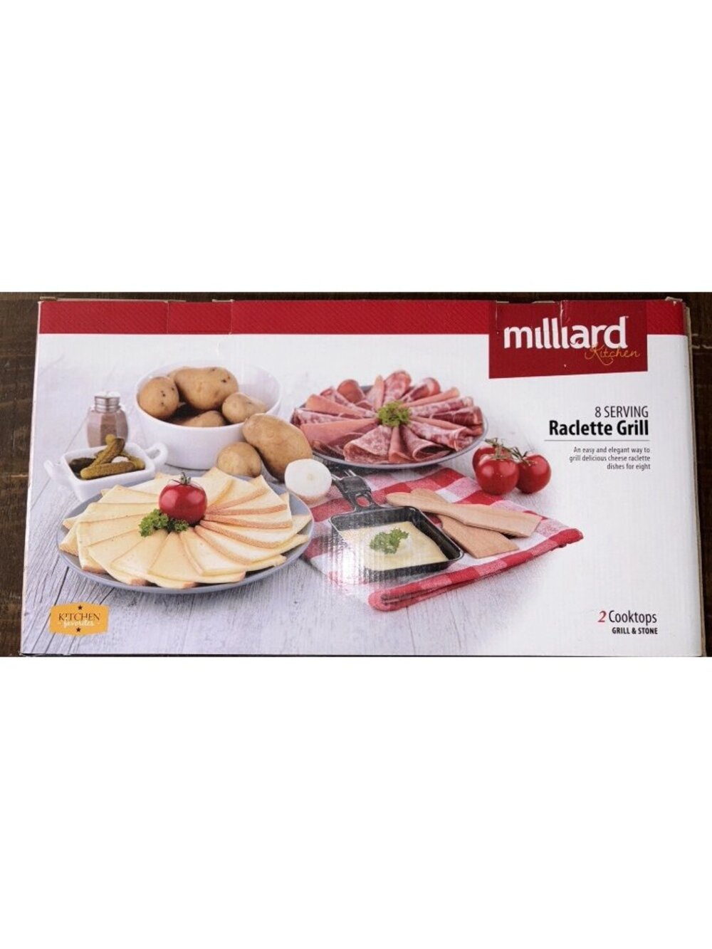 NIB-Milliard Raclette Grill-Includes A Stone & A Grill Top & 8 Cheese Pans